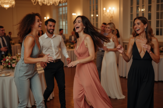 Groupe d'adultes en tenue de mariage riant lors d'un jeu festif
