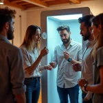 Groupe de quatre adultes autour d'un photobooth lors d'un événement