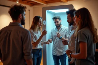 Groupe de quatre adultes autour d'un photobooth lors d'un événement