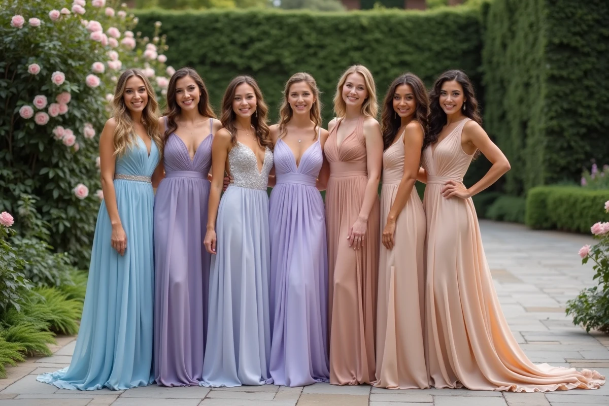 Groupe de jeunes femmes en robes de soirée colorées en extérieur