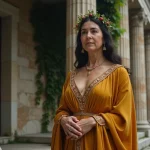 Femme majestueuse en toge dorée portant une couronne de grenade devant des colonnes grecques antiques, symbolisant la déesse Héra réhabilitée