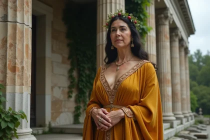 Femme majestueuse en toge dorée portant une couronne de grenade devant des colonnes grecques antiques, symbolisant la déesse Héra réhabilitée