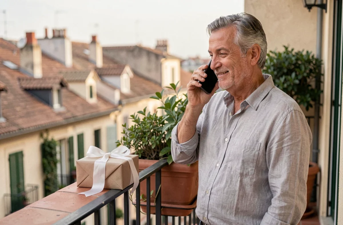 Homme sur un balcon faisant un appel vidéo pour fêter son anniversaire de mariage noce de mousseline à distance