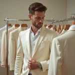 Homme essayant un costume de marié en location dans une boutique de mariage élégante