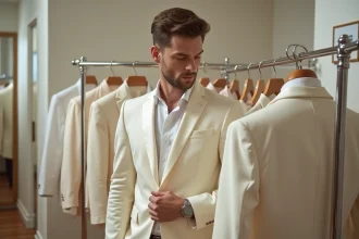 Homme essayant un costume de marié en location dans une boutique de mariage élégante