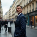 Homme en costume bleu à Paris contemplant la rue