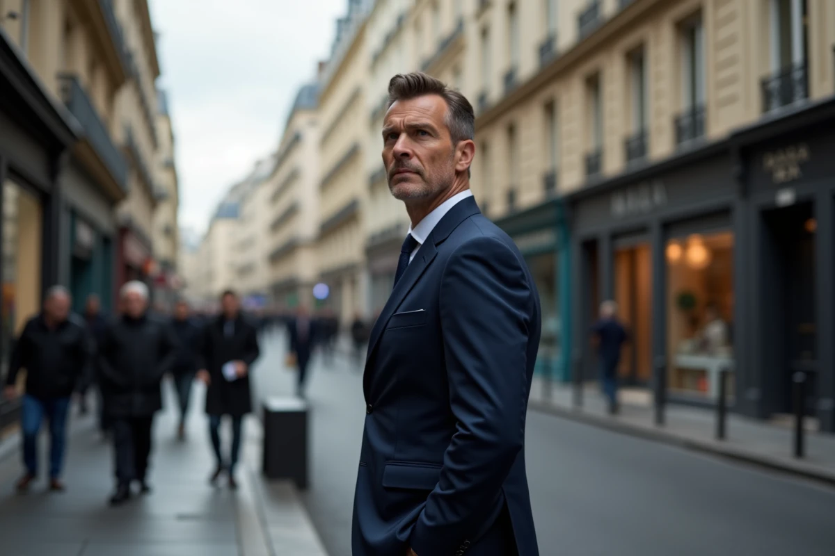 Homme en costume bleu à Paris contemplant la rue