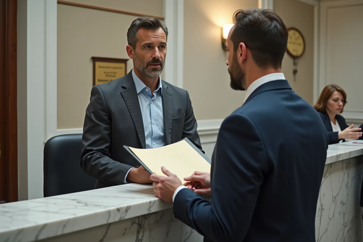 Homme au guichet administratif remettant un dossier