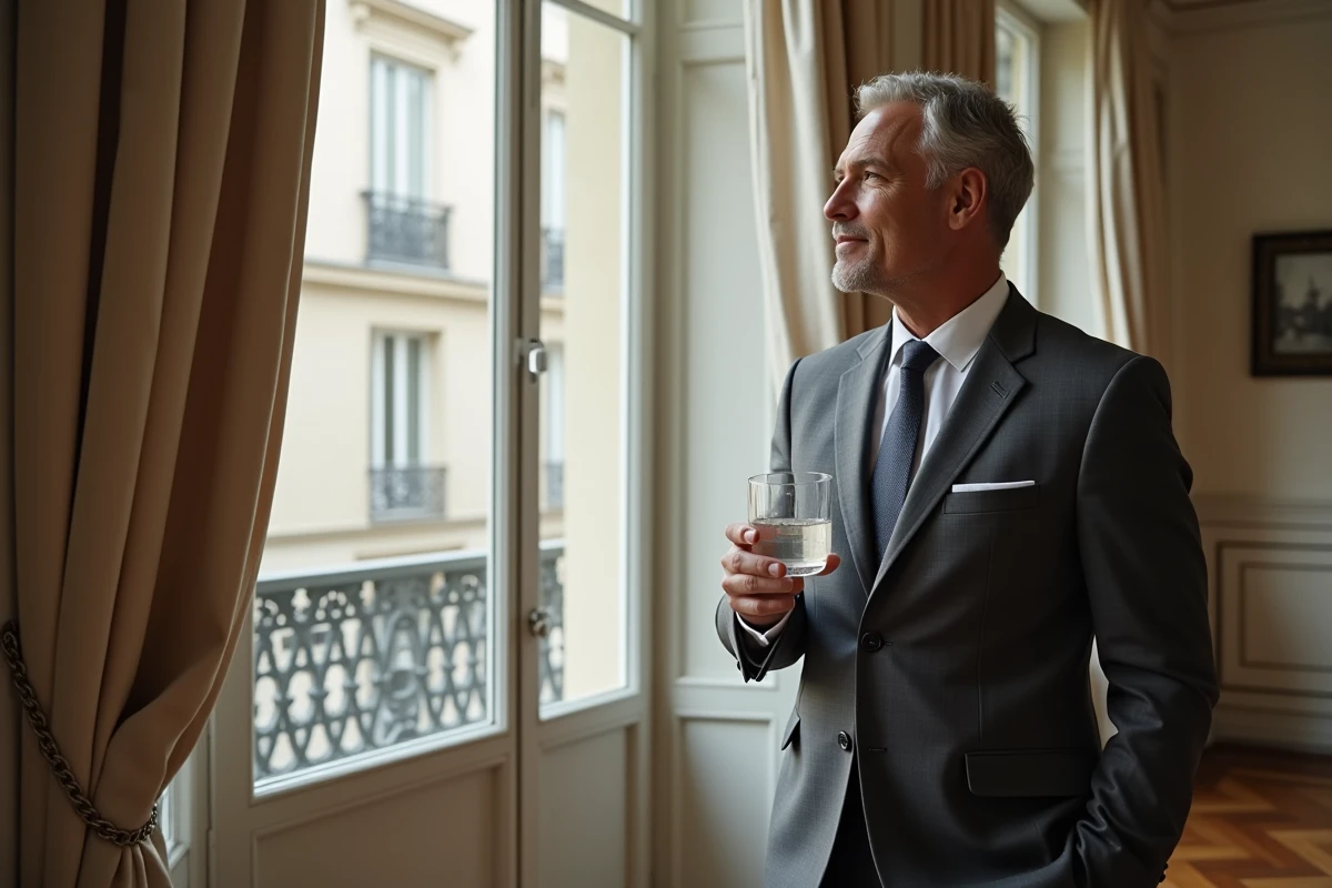 Homme en costume chic dans un appartement parisien, regard pensif vers la fenêtre, évoquant la discrétion et l'intimité