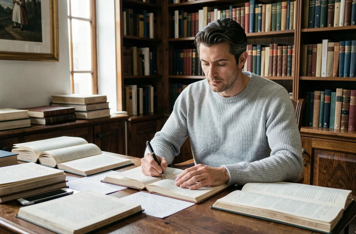 Homme intellectuel en pull gris lisant dans une bibliothèque personnelle, bureau en bois ancien couvert de livres ouverts et de notes manuscrites