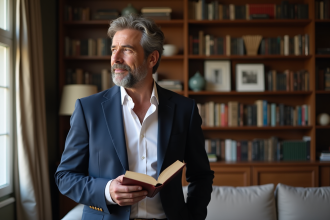 Homme français en costume lisant dans un salon lumineux