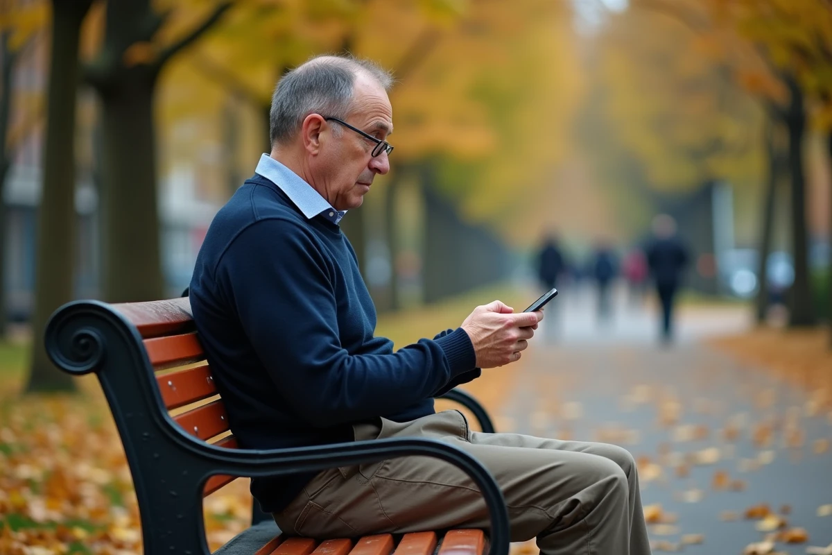 Homme seul assis sur banc dans parc en automne