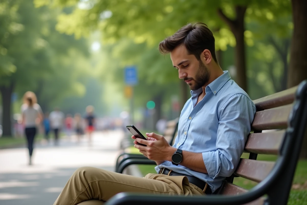 Homme détendu écrivant un message dans un parc urbain
