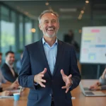 Homme en blazer navy lors d'une conférence avec public attentif