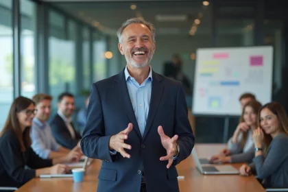 Homme en blazer navy lors d'une conférence avec public attentif