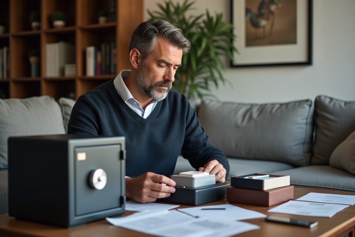 Homme organisant des bijoux dans un coffre à la maison