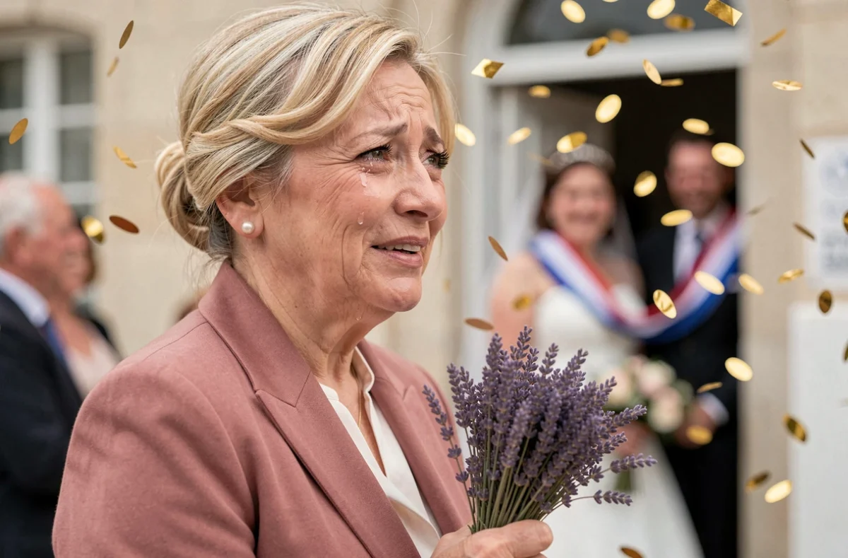 Portrait émouvant d'une invitée de mariage en larmes de joie lors de la sortie de cérémonie civile à la mairie