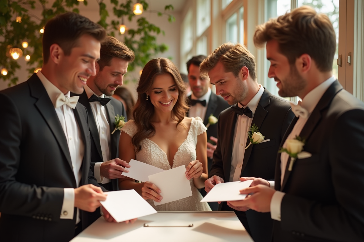 Invites déposant discrètement des enveloppes dans une boîte à mariage