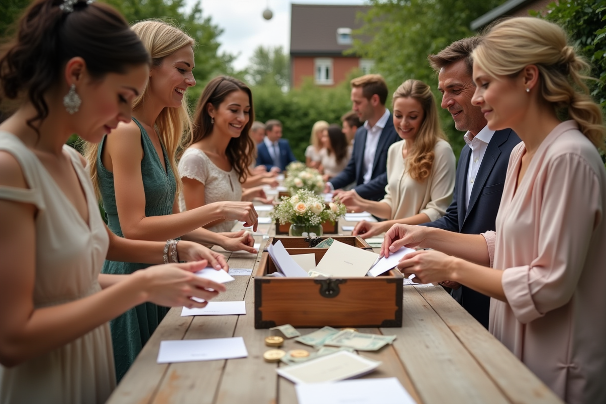 Invites belges déposant enveloppes et cartes dans boîte vintage en extérieur