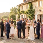 Invités réunis sur une terrasse ensoleillée lors d'un vin d'honneur