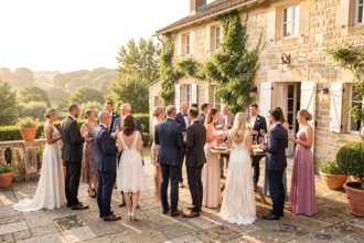 Invités réunis sur une terrasse ensoleillée lors d'un vin d'honneur