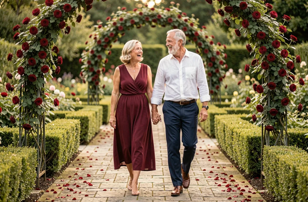 Couple se promenant dans un jardin décoré de roses rouges pour leur anniversaire de 35 ans de mariage, noces de rubis