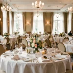 Salle de mariage élégamment décorée avec tables dressées, fleurs, verres et objets personnels pour le jeu des douze mois