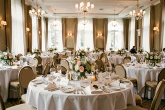 Salle de mariage élégamment décorée avec tables dressées, fleurs, verres et objets personnels pour le jeu des douze mois
