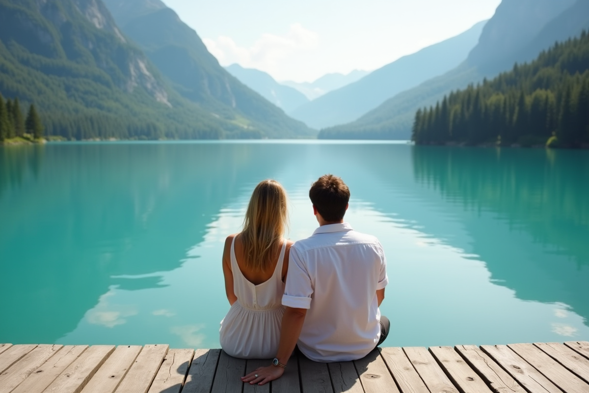 Jeune couple de mariés assis sur un ponton au bord du lac