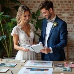 Couple en mariage consultent un nuancier dans un studio chaleureux