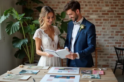 Couple en mariage consultent un nuancier dans un studio chaleureux