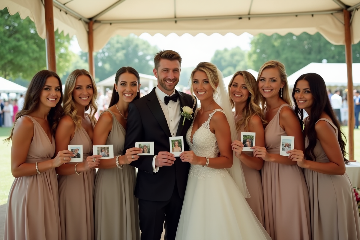 Jeune couple marié posant avec amis dans une tente extérieure