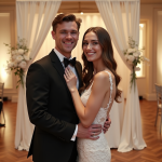 Jeune couple en tenue de mariage devant un photobooth élégant