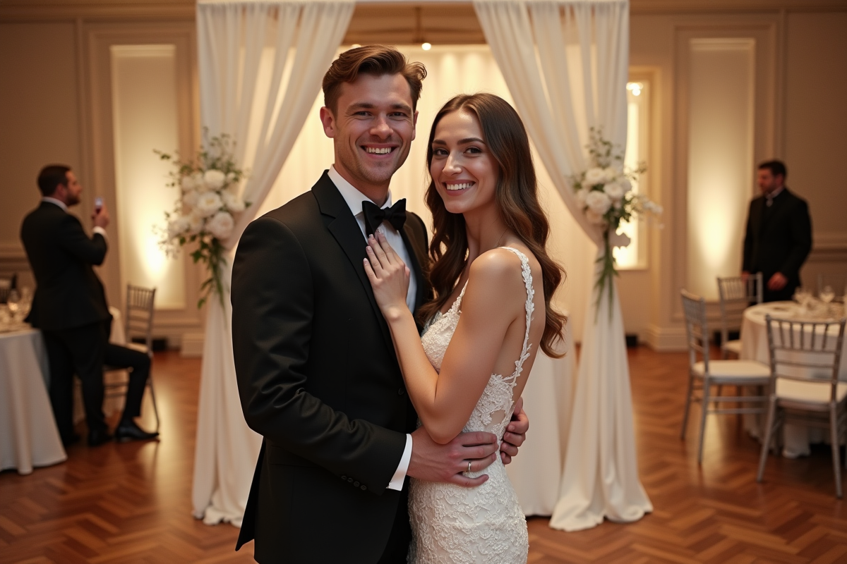 Jeune couple en tenue de mariage devant un photobooth élégant