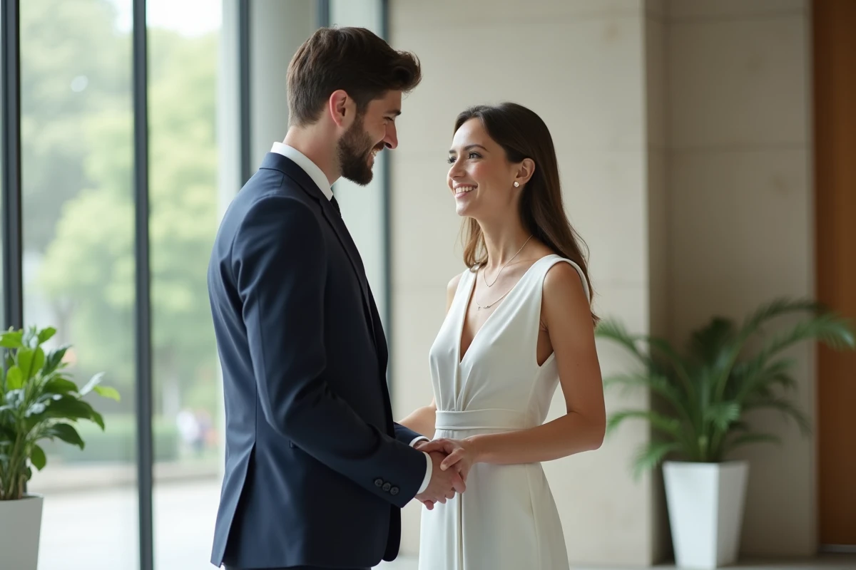 Jeune couple marié dans une mairie moderne et élégante