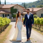 Jeune couple de mariés dans un domaine français en campagne