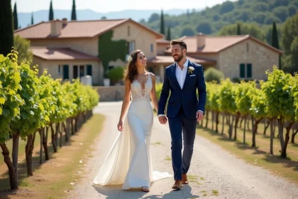 Jeune couple de mariés dans un domaine français en campagne