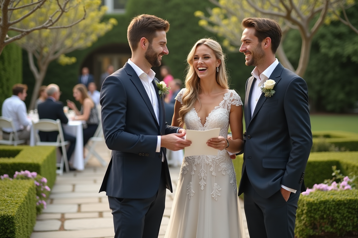 Jeune couple de mariés donnant la playlist à la musicienne