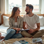 Jeune couple planifiant leur lune de miel dans une chambre lumineuse