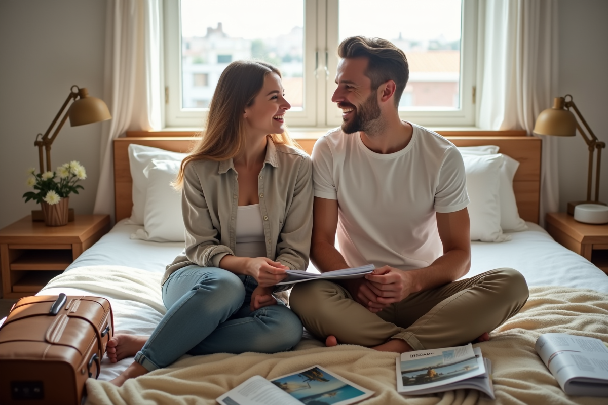 Jeune couple planifiant leur lune de miel dans une chambre lumineuse