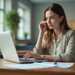 Jeune femme au bureau avec documents et ordinateur
