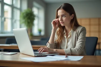 Jeune femme au bureau avec documents et ordinateur