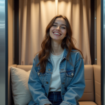 Jeune femme dans un photobooth moderne en intérieur