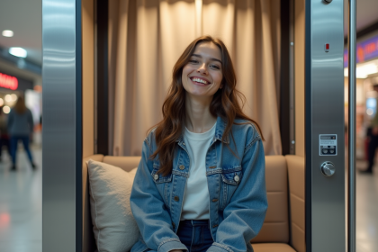 Jeune femme dans un photobooth moderne en intérieur