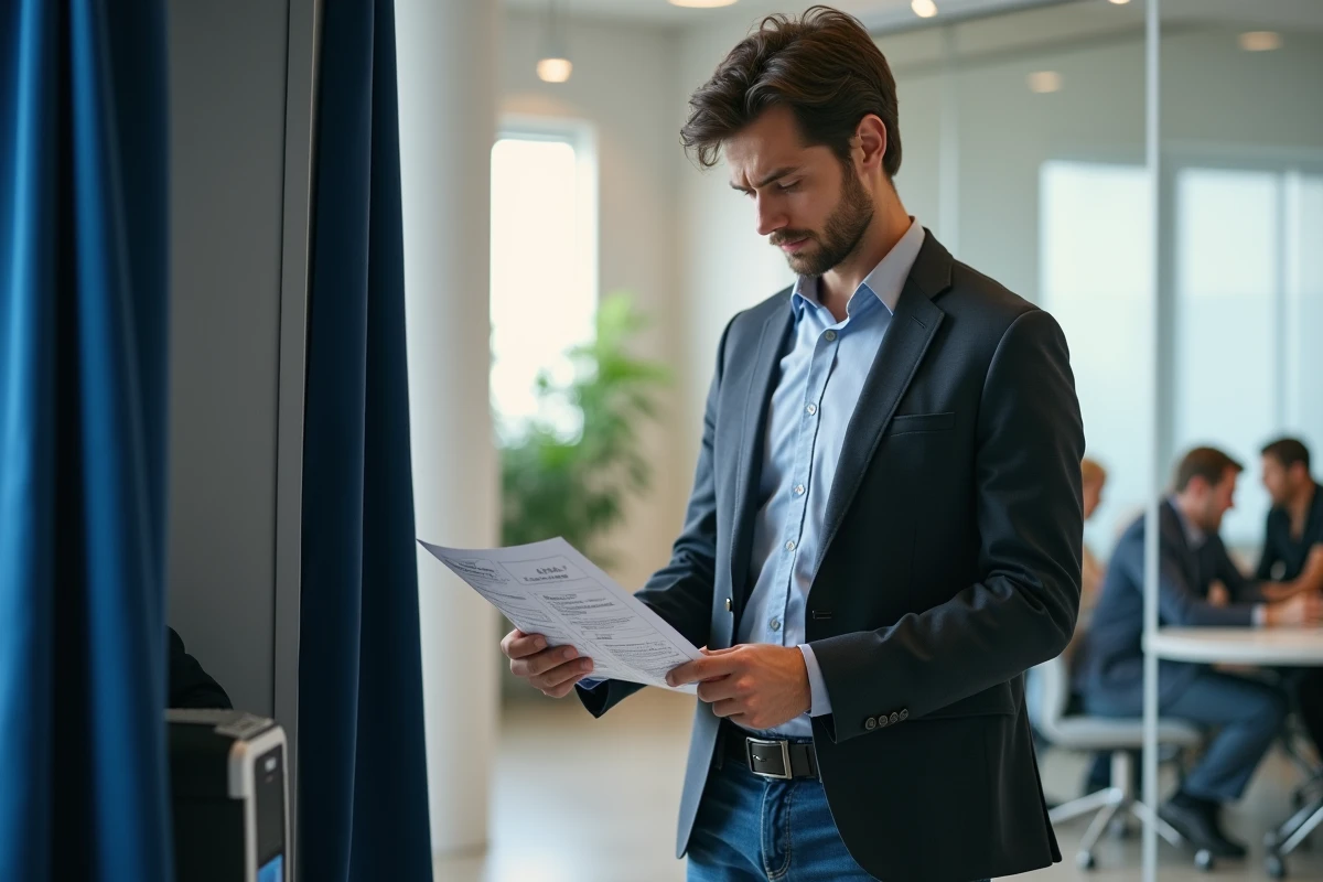 Jeune homme examinant des instructions de photobooth lors d