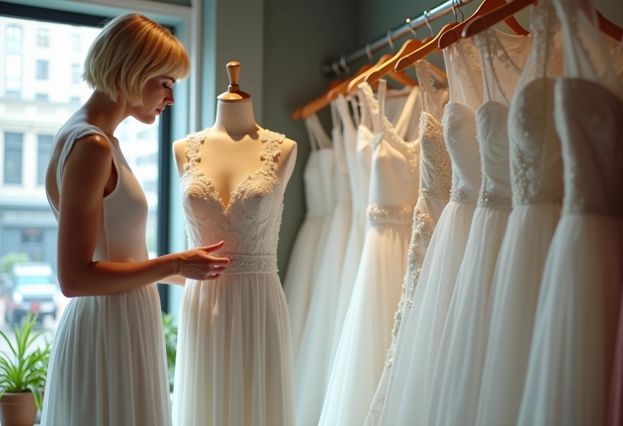 Jeune mariée ajustant une robe dans une boutique urbaine