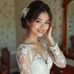 Jeune mariée en robe en dentelle ajustée ajustant une peigne en perles