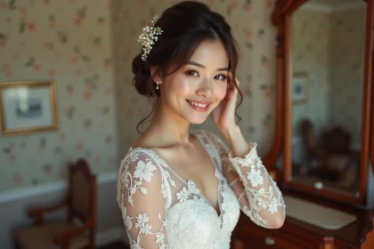 Jeune mariée en robe en dentelle ajustée ajustant une peigne en perles