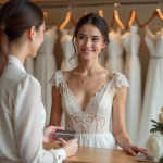 Jeune mariée souriante en robe blanche dans une boutique de mariage