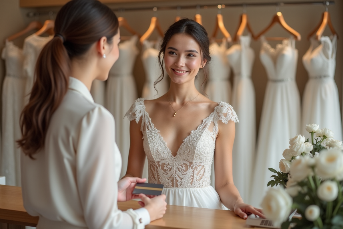 Jeune mariée souriante en robe blanche dans une boutique de mariage